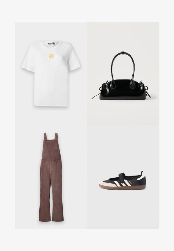 Camiseta de algodón blanca de manga corta con un pequeño diseño de sol bordado en amarillo y rosa en el pecho.; Pantalones de tirantes de pana marrones con tirantes ajustables, piernas anchas y textura de estrías verticales. Presenta bolsillos laterales y un ajuste relajado.; Zapatilla negra y beige con una correa de velcro, tres rayas blancas en el lateral y una suela de goma marrón texturizada. Logotipo de la marca visible.; Pequeño bolso negro brillante con dos asas largas y detalles de cordón lateral sobre un fondo claro liso.