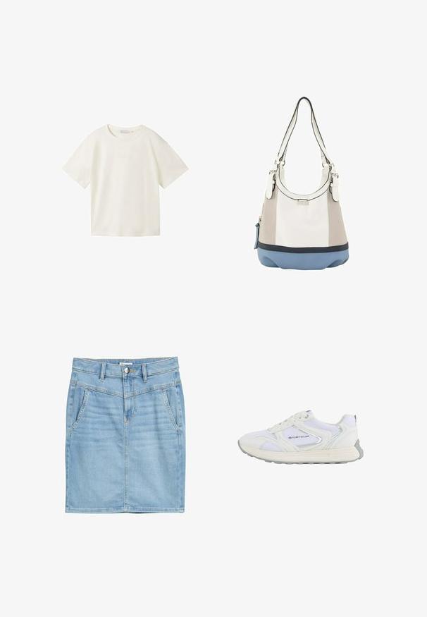TOM TAILOR DENIM T-shirt basic - gardenia white; Lichtblauwe denimrok met een recht ontwerp, voorkruiszakken, zichtbare stiksels en een knoopsluiting. Zachte textuur en klassieke snit.; Witte sportschoen met een bovenwerk van mesh en synthetisch materiaal, voorzien van zilveren accenten en een gestructureerde rubberen zool, gelabeld "TOM TAILOR."; Hobo tas in witte, grijze en blauwe synthetische materialen; beschikt over een brede strap, zilveren hardware, en een gladde textuur met een effen kleurblokbasis.