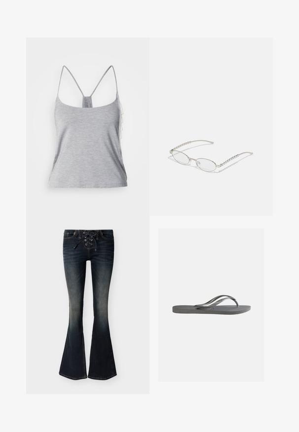 Top gris sin mangas con tirantes finos y diseño de espalda nadadora. Presenta un tejido sutilmente texturizado y detalles decorativos a lo largo de los lados.; Jeans de mezclilla lavado oscuro con corte acampanado, cierre frontal con cordones y sutiles desvanecidos en los muslos y las rodillas.; Sandalia plana gris con plantilla texturizada y finas correas en forma de Y, mostrada de lado sobre un fondo claro y liso.; Gafas ovaladas con un marco metálico plateado, lentes transparentes y acentos de templos con textura de cuentas. Diseño ligero con brazos curvados.