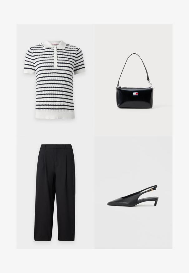 Polo blanc avec des rayures horizontales bleu marine, tissu texturé, manches courtes, col côtelé, patte de boutonnage à trois boutons et petit logo sur la poitrine.; Pantalon noir avec une coupe décontractée, devant plissé, taille plate et texture lisse. Coupé à une longueur raccourcie, adapté pour un usage formel ou décontracté.; Des escarpins à talon ouvert noirs avec un bout pointu, une texture en cuir lisse, un petit talon aiguille, et une sangle avec un accent de boucle en métal.; Sac à bandoulière rectangulaire noir avec une courte sangle et le logo Tommy Jeans en rouge, blanc et bleu au centre avant.
