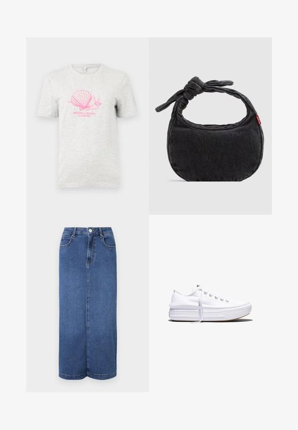 Camiseta de algodón gris con un gráfico de una concha y un caracol en color rosa, con el texto "BUSCADOR DE CONCHAS DESDE 1996" impreso abajo, adornada con perlas decorativas blancas.; Falda larga de mezclilla en azul oscuro, con corte recto, cinturilla con cierre de botón y detalles de costura mínimos.; Zapatilla blanca de lona de perfil bajo con suela gruesa de plataforma, cierre de cordones en el frente y puntera de goma texturizada, mostrada de perfil.; Bolso pequeño de hombro de mezclilla negra con correa anudada y cierre de cremallera, con una etiqueta de tela roja de Levi's en el lateral.