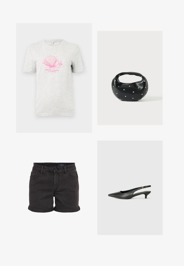 Camiseta de algodón gris con un gráfico de una concha y un caracol en color rosa, con el texto "BUSCADOR DE CONCHAS DESDE 1996" impreso abajo, adornada con perlas decorativas blancas.; Pantalones cortos de mezclilla negros con puños enrollados, que cuentan con un diseño de cinco bolsillos y un cierre de botón en la cintura. Textura suave, ajuste casual.; Zapato de tacón slingback negro de punta afilada, hecho de cuero suave. Presenta un tacón delgado y un detalle de hebilla en la correa ajustable.; Bolso de mano de cuero negro con forma redondeada, decorado con detalles de tachuelas plateadas y un asa corta. Textura lisa y cierre con cremallera.