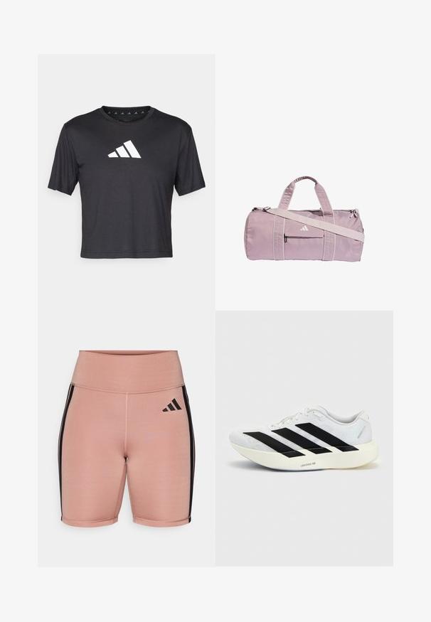 T-shirt noir court en tissu lisse, avec un logo Adidas blanc sur la poitrine, un col rond et des manches courtes.; Shorts de sport roses avec taille haute, fabriqués en matière extensible. Présentent des rayures latérales noires et le logo Adidas sur le côté gauche.; Chaussure de running blanche avec motif trois bandes noires sur le côté et semelle blanche épaisse étiquetée "Lightstrike Pro" sur fond uni.; Sac polochon violet clair en matériau brillant, doté de deux poignées, d'une bandoulière amovible et d'une poche zippée avant avec logo.