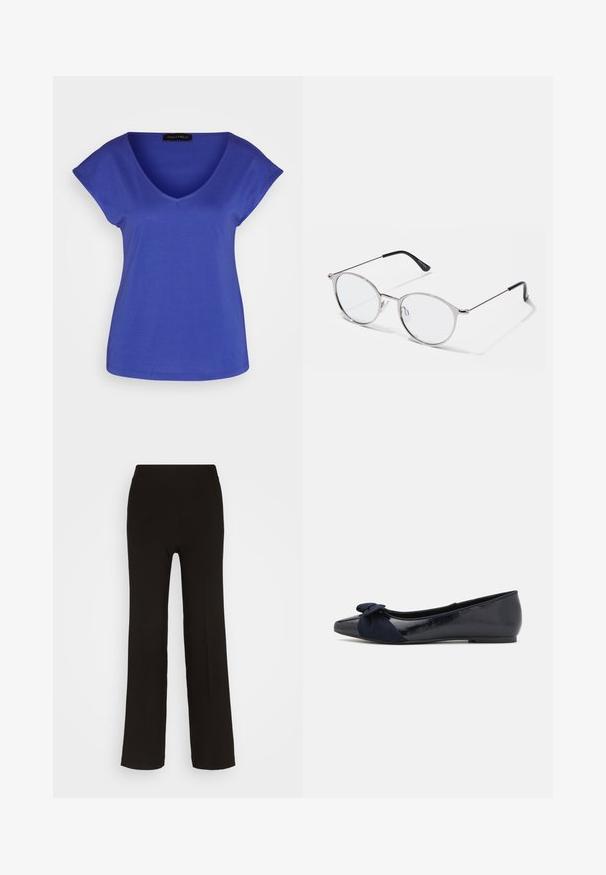 T-shirt bleu royal avec un décolleté en V, des manches courtes et un ajustement décontracté. Tissu doux et extensible avec une texture soyeuse.; Pantalons noirs à jambes larges en tissu lisse, dotés d'une taille haute ajustée et sans matériel ni motifs visibles.; Ballerines navy avec une finition laquée brillante et un détail en suède texturé en forme de nœud sur le bout, présentant un bout rond et une semelle plate.; Lunettes en métal argenté avec des verres ronds et une fine monture. Les embouts de branches noirs offrent un contraste. Plaquettes de nez ajustables incluses.