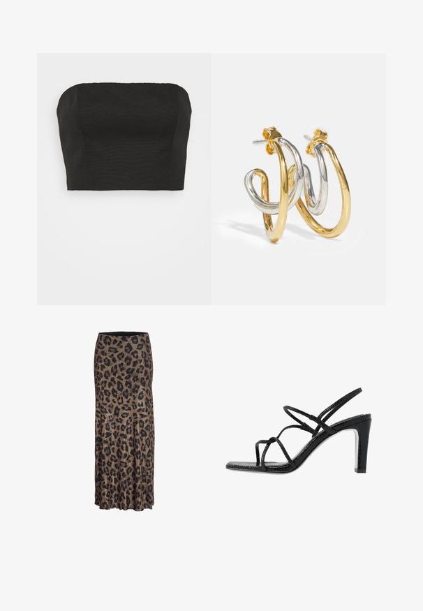 STAUD NYLA - Top - black; Falda de estampado de leopardo en marrón y negro, con un diseño fluido y un sutil dobladillo con volantes, confeccionada en una tela ligera y suave.; Sandalias de tacón negro con cintas finas, un acabado texturizado, punta abierta y un diseño de tacón afilado y elegante. Presenta una plantilla suave y una superficie brillante.; Pendientes de aro entrelazados en oro y plata con acabados suaves y brillantes; cuentan con un cierre de presión para un uso seguro.