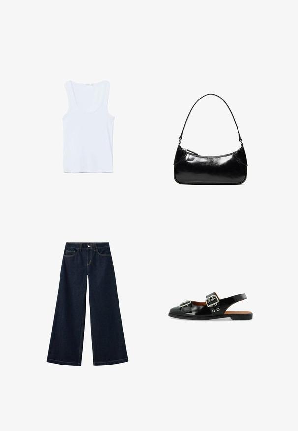 Hvid ærmeløs tanktop med rund halsudskæring, lagt fladt på en hvid baggrund.; Mørkeblå vidde ben denimjeans med forlommer og møntlomme, knaplukning og kontrastsyning.; Sorte patentlæder slingback sko med to sølvspænder, flad sål og dekorative øjer på siden for ekstra detaljer.; Sort, blank skuldertaske i læder med et enkelt rum med lynlås og en tynd rem buet i en bueform.