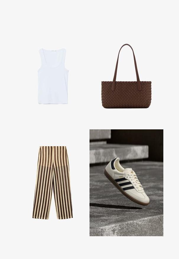 Débardeur blanc sans manches avec encolure dégagée, posé à plat sur un fond blanc.; Pantalon à jambes larges avec des rayures verticales dans différentes nuances de marron et beige, en tissu texturé.; Baskets blanches Adidas Samba avec des bandes noires et une semelle en gomme, flottant au-dessus de marches en béton gris texturé.; Sac à main en cuir marron avec un motif tissé, avec deux longues anses fines pour un port à l'épaule.