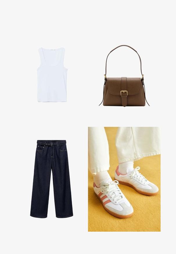 Hvid ærmeløs tanktop med rund halsudskæring, lagt fladt på en hvid baggrund.; Mørkeblå brede jeans lavet af denim. Har et bælte i taljen med flere knapper, forlommer og en ren afslutning ved sømmene.; Hvide sportsko med lyserøde accenter, lavet af ruskind og læder, rund tå og gummisål, vist med lyse sokker på en gul baggrund.; Brun skuldertaske i læder med frontklaffelukning og guldlås, med justerbar rem med gulddetaljer på hvid baggrund.