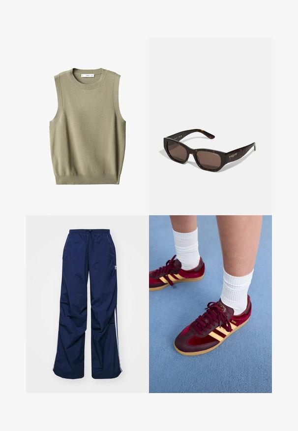 Mouwloze, lichtgroene gebreide trui met een ronde halslijn. Bevat ribbenranden en een zachte textuur, ontworpen voor een ontspannen pasvorm.; Navyblauwe, lichtgewicht broek met elastische taille en trekkoord, voorzien van witte zijstrepen en een klein logo aan de voorkant. Losse pasvorm.; Bordeaux suède en leren sneakers met gele strepen en een gumzool. Witte geribbelde sokken zichtbaar boven de enkel, neergezet op een blauwe gestructureerde ondergrond.; Tortoiseshell zonnebril met rechthoekige bruine lenzen. Glanzend plastic frame met gouden "vogue" branding aan de zijkant.