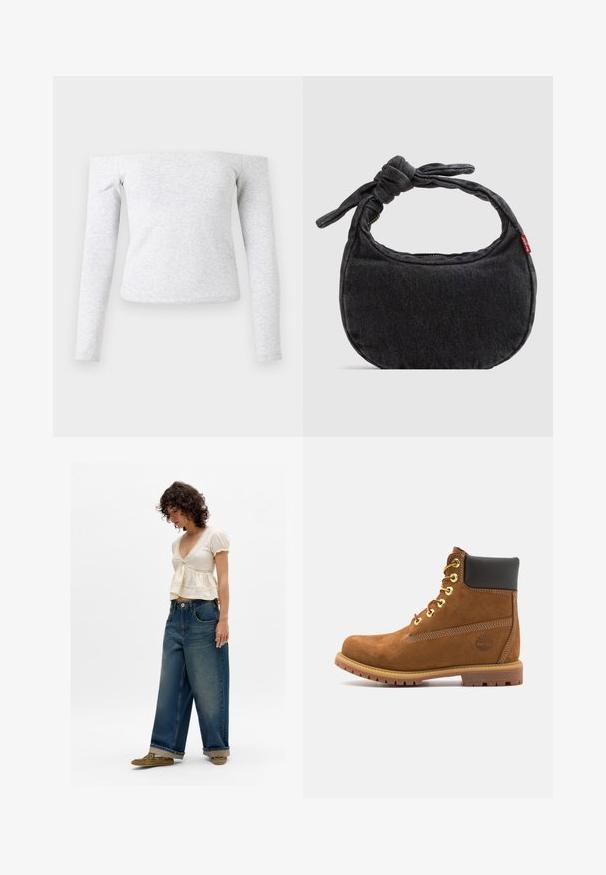 Lichtgrijs, nauwsluitend shirt met lange mouwen en een off-shoulder halslijn. Gemaakt van zachte, rekbare stof met een gladde textuur.; Vrouw in een crèmekleurig T-shirt met korte mouwen en V-hals met kantdetails, losse wijde blauwe jeans met omgeslagen zoom en olijfgroene schoenen, staand op een witte achtergrond.; Bruine suède enkellaars met zwarte gewatteerde kraag, gouden oogjes, vetersluiting aan de voorkant en een rubberen zool met een gestructureerd patroon.; Kleine zwarte denim schoudertas met een gestrikte riem en ritssluiting, met een rood Levi's stoffen label aan de zijkant.