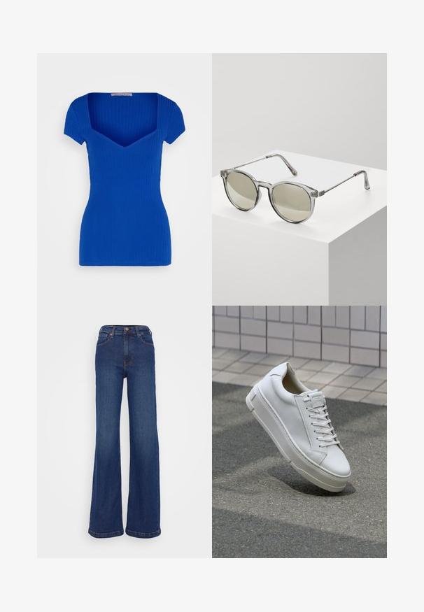 Blauwe geribbelde top met een aansluitende pasvorm, korte mouwen en een brede V-hals. Gemaakt van rekbaar materiaal voor extra comfort.; Wijd-uitlopende jeans gemaakt van donkerblauwe denim. Heeft een hoge taille, vijf-pocket ontwerp en subtiele stiksels op de naden.; Witte leren sneaker met een low-top ontwerp, platte veters, ronde neus en textuur zijden. Dikke rubberen zool met subtiele accenten.; Ronde zonnebrillen met transparante grijze monturen en grijs-getinte lenzen. Metalen accenten op de veren en gebogen armen voor stabiliteit.