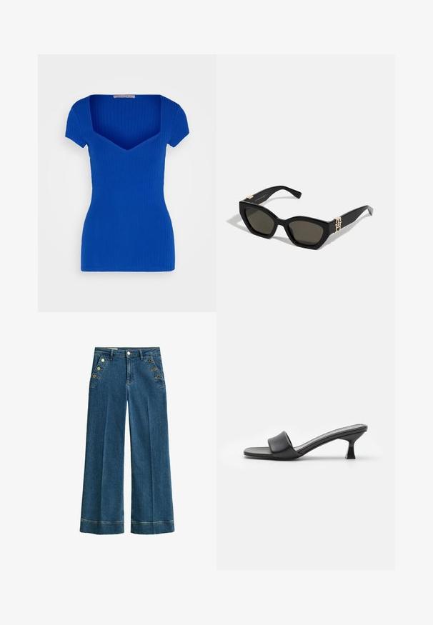 Haut bleu à côtes avec une coupe ajustée, des manches courtes et un décolleté en V large. Fabriqué à partir d'un matériau extensible pour plus de confort.; Jean en denim bleu à taille haute, jambe large, avec des détails de boutons latéraux à l'avant et des poches avant inclinées, doté de passants pour ceinture et d'ourlets cousus.; Mules noires à talons avec une tige en cuir lisse et mat, orteils ouverts, large sangle sur le cou-de-pied et talon carré fin.; Tommy Hilfiger Lunettes de soleil - black