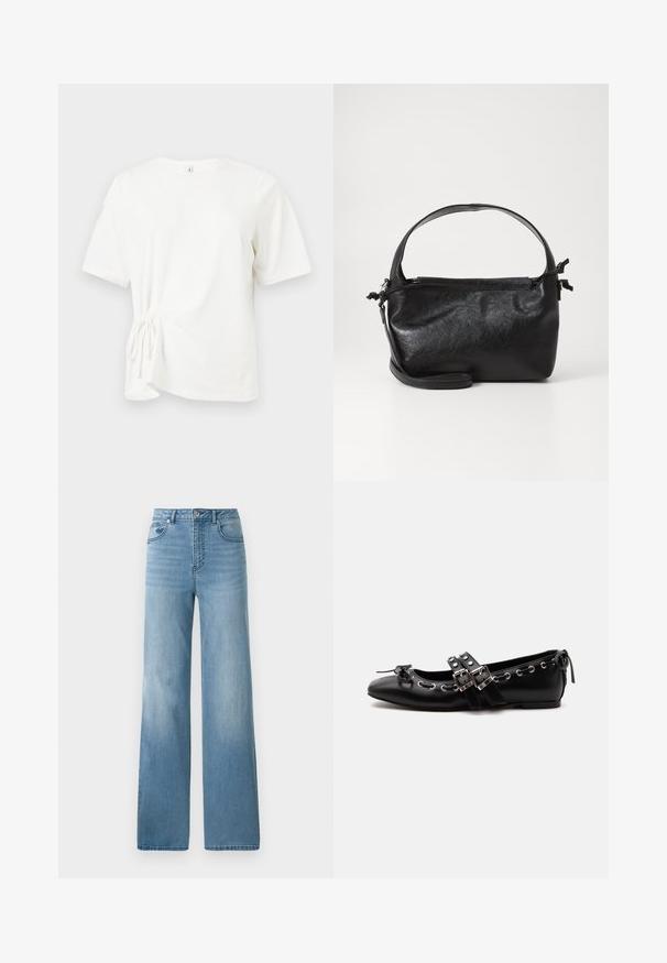 Witte katoenen T-shirt met korte mouwen, ronde hals en een detail van een geplooide knoop aan de linkerkant. Soepele textuur en reguliere pasvorm.; Lichtblauwe high-waisted jeans met een rechte pasvorm. Gemaakt van denim, met vijf zakken en een knoopsluiting.; Zwarte platte balletschoen met dubbele gespsluitingen, zilveren oogjes en een klein strikje nabij de afgeronde neus op een witte achtergrond.; Zwarte leren handtas met een gestructureerd ontwerp, een ronde bovenhandgreep en een afneembare schouderriem. Beschikt over een gladde textuur en een subtiele glans.