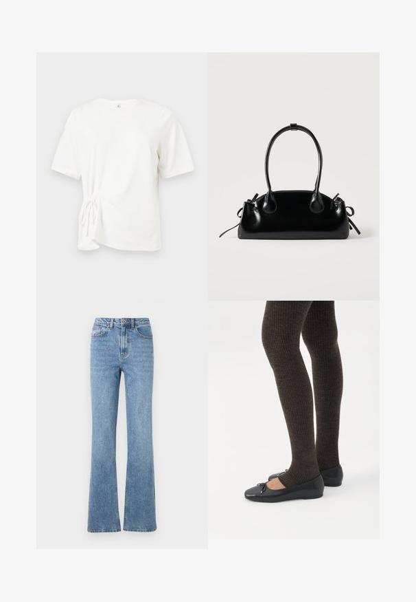 Witte katoenen T-shirt met korte mouwen, ronde hals en een detail van een geplooide knoop aan de linkerkant. Soepele textuur en reguliere pasvorm.; Lichtblauwe denim jeans met een flare-pasvorm, hoge taille en minimale hardware. Kenmerken zijn de klassieke vijfzak-stijl en subtiele stiksels.; Benen met donkere geribbelde leggings gecombineerd met zwarte ballerina's met kleine strikdetails op een witte achtergrond.; Kleine zwarte glanzende handtas met twee lange hengsels en zijkant trekkoord details op een effen lichte achtergrond.