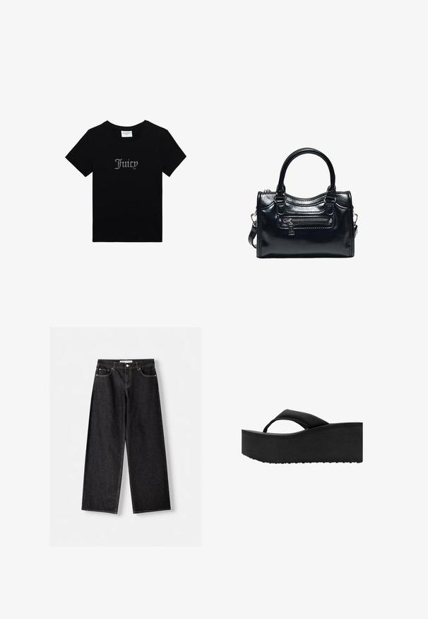 Schwarzes Juicy Couture T-Shirt mit kurzen Ärmeln, Strassschriftzug "Juicy" auf der Vorderseite und rundem Halsausschnitt.; Schwarze Jeans mit weitem Bein, Vordertaschen und silbernem Knopfverschluss, flach auf einem hellgrauen Hintergrund ausgelegt.; Schwarzer Plateau-Zehentrenner mit dicker, gepolsterter Sohle und breitem Zehenriemen, von der Seite auf weißem Hintergrund gezeigt.; Schwarze glänzende Lederhandtasche mit zwei Griffen, vorderer Reißverschlusstasche und abnehmbarem Schulterriemen auf weißem Hintergrund.