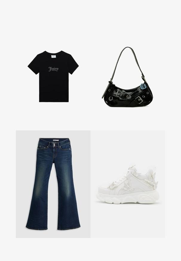Zwart Juicy Couture T-shirt met korte mouwen, rhinestone tekst "Juicy" op de voorkant en een ronde hals.; Donkerblauwe spijkerbroek met superlage flare, voorzien van voor- en achterzakken, dubbele knoopsluiting en vervaagde details op de bovenbenen en knieën.; Witte chunky sneaker met dikke zool en decoratieve 3D vlinderaccenten aan de zijkant, veters en hiel.; Zwarte gepatineerde leren handtas met een gebogen vorm, voorzien van zilveren hardware, decoratieve sluitingen en een korte schouderband. Blauwe label bevestigd.