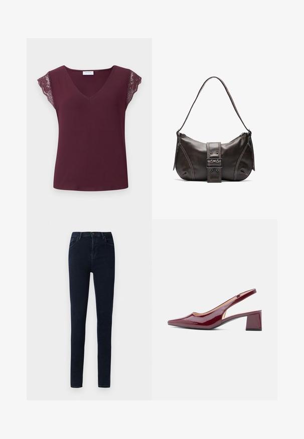 Haut bourgogne à col en V avec des manches courtes bordées de dentelle. Tissu lisse et léger avec une coupe décontractée et sans mercre. ; Jean skinny bleu foncé avec un bouton sur le devant, une fermeture éclair, des passants de ceinture et des poches avant et arrière sur fond blanc.; Escarpins slingback en cuir verni bordeaux avec un bout pointu, une découpe sur le côté et un talon bloc. Texture lisse et finition brillante.; Sac à épaule en cuir marron avec une forme courbée, présentant un détail de boucle proéminent, des coutures contrastantes et une seule bandoulière.