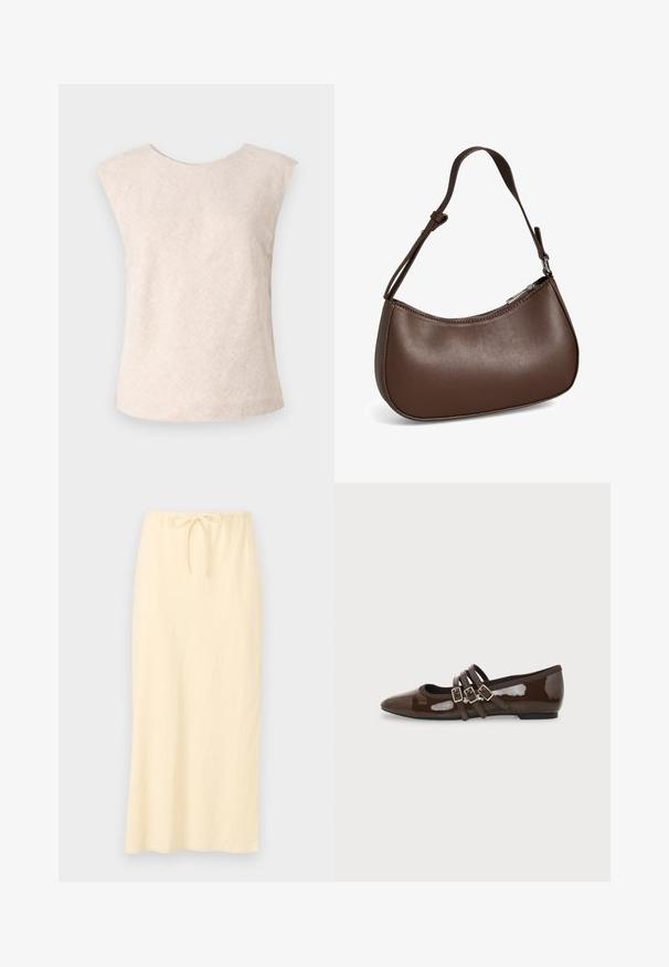 Débardeur beige clair sans manches en tissu texturé. Présente un col rond et une coupe ample et décontractée. Design minimaliste sans fermetures visibles.; Jupe longue jaune clair en tissu respirant, dotée d'une taille élastique avec cordon de serrage pour un ajustement personnalisable. Texture lisse, sans motifs.; Chaussure plate en cuir verni marron avec bout pointu et trois brides ajustables à boucle sur le côté, vue du profil extérieur.; Petit sac bandoulière en cuir marron avec sangle réglable et fermeture éclair, présenté sur fond blanc. Aucun logo ou décoration visible.