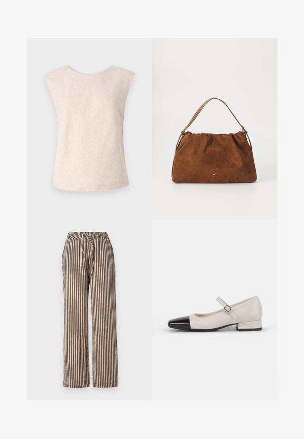 Top sin mangas de color beige claro hecho de una tela texturizada. Presenta un escote redondo y un ajuste suelto y relajado. Diseño minimalista sin cierres visibles.; Pantalones de pierna ancha a rayas en beige con rayas verticales en azul marino. Cuentan con una cinturilla elástica con cordón y bolsillos laterales. Textura de tejido suave.; Zapato estilo Mary Jane en cuero crema con puntera de charol negro. Presenta una punta redonda, tirante en el tobillo con una hebilla cuadrada y un tacón bajo y cuadrado.; Bolso de ante marrón con un diseño fruncido, que cuenta con una sola correa de piel marrón y un sutil detalle del logo dorado en la parte frontal.
