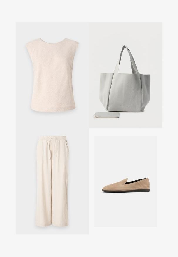 Débardeur beige clair sans manches en tissu texturé. Présente un col rond et une coupe ample et décontractée. Design minimaliste sans fermetures visibles.; Pantalons large en lin beige avec une taille élastique et des poches avant. Texture lisse, tissu léger, design longueur cheville.; Mocassin beige en daim à enfiler avec semelle noire, petit talon et bout arrondi, présenté de profil sur fond blanc.; Sac fourre-tout en tissu côtelé gris clair avec deux poignées, accompagné d'une petite pochette assortie à fermeture éclair sur fond blanc.