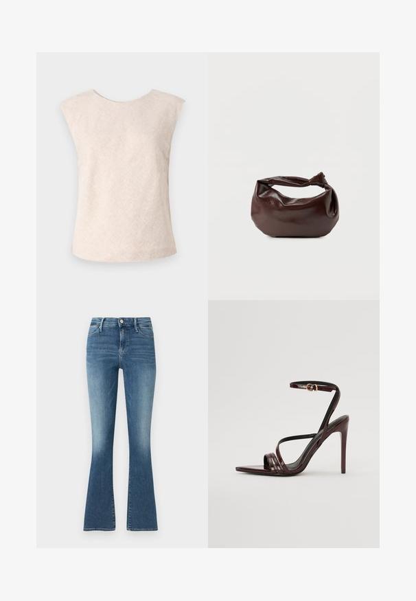 Hellbeige ärmelloses Top aus strukturiertem Stoff. Verfügt über einen runden Halsausschnitt und eine lockere, lässige Passform. Minimalistisches Design ohne sichtbare Verschlüsse.; Verblasste blaue Denim-Jeans mit ausgestelltem Bein und hoher Taille, Knopfverschluss, Fünf-Taschen-Design und dezenten Steppdetails entlang der Nähte.; Bordeaux-farbenes Lackleder-High-Heel-Sandale mit einem Knöchelriemen, spitzem Zehenbereich und drei horizontalen Riemen über dem Fuß. Details mit goldfarbener Schnalle.; Dunkelbraune Lederschultertasche mit weicher, lockerer Form und einem gedrehten Knotengriff vor schlichtem weißem Hintergrund.