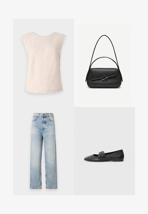 Top sin mangas de color beige claro hecho de una tela texturizada. Presenta un escote redondo y un ajuste suelto y relajado. Diseño minimalista sin cierres visibles.; Jeans de color azul claro con un diseño de pierna recta, fabricados en denim. Presentan cinco bolsillos, un cierre de botón y un desgaste sutil en toda la prenda.; Zapato plano negro con punta afilada, hecho de cuero suave. Presenta tres correas decorativas con hebillas a lo largo del empeine.; Bolso de cuero negro con bordes redondeados, solapa asimétrica, cierre circular de metal y correas de hombro cortas y largas.