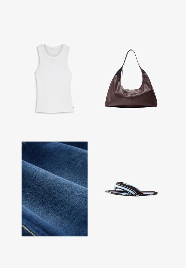Weißes ärmelloses Tanktop mit rundem Halsausschnitt, schmaler Passform und minimalistischem Design, flach auf weißem Hintergrund gelegt.; Dunkelblauer Denim-Stoff mit glatter Textur, sichtbarem Gewebe und subtiler Dehnung. Verfügt über schwache Nähte entlang der Kanten.; Braun und hellblau gestreifte, gepolsterte Flip-Flop-Sandale mit gepolsterter Sohle und breiten Stoffriemen auf weißem Hintergrund.; Dunkelbraune Lederschultertasche mit einem einzelnen Riemen und einem Reißverschluss auf der einen Seite, weiche, lockere Struktur und glatte Textur.