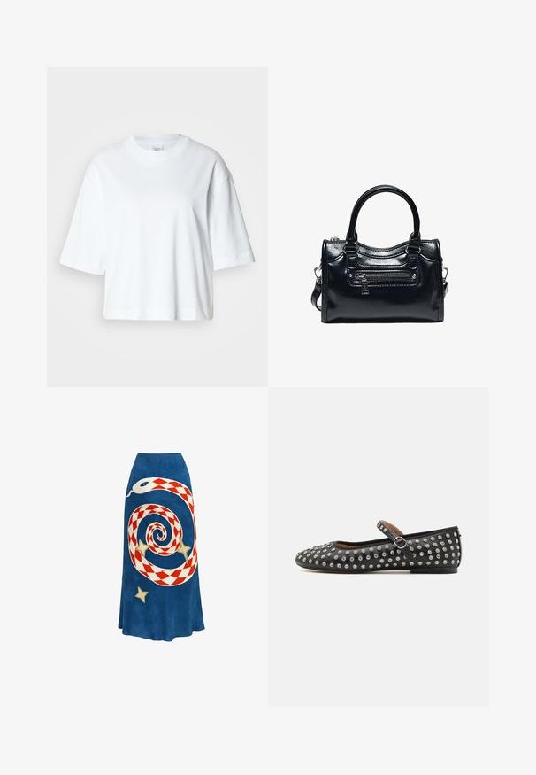 Hvid cropped t-shirt med korte ærmer, rund halsudskæring, lavet af blødt bomuldsmateriale, med et enkelt og rent design.; Blåt nederdel med et rødt og hvidt spiralslangedesign og tre gule stjernemønstre på forsiden.; Sort læder flad sko med rund tå, der har en rem og sølvfarvede nitter jævnt fordelt over den øverste overflade.; Sort skinnende læderhåndtaske med to håndtag, lynlåslomme foran og aftagelig skulderrem på hvid baggrund.