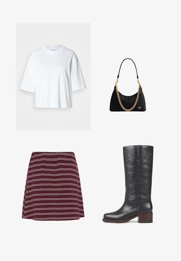 T-shirt blanc court à manches courtes, col rond, en coton doux, avec un design simple et épuré.; Jupe trapèze bordeaux avec fines rayures blanches horizontales uniformément espacées sur le tissu.; Botte noire en cuir, arrivant au genou, avec une texture lisse, un bout carré et un talon en bois empilé. Présente des coutures discrètes et un design de couture sur le côté.; Sac à épaule en cuir noir avec motif matelassé, chaîne dorée et ferrures, et petit logo doré à l'avant.
