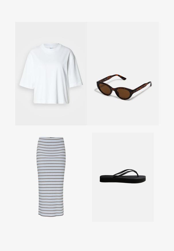Hvid cropped t-shirt med korte ærmer, rund halsudskæring, lavet af blødt bomuldsmateriale, med et enkelt og rent design.; Stribet blyantskirt i lysblå, med lodrette striber i sort og brun. Fremstillet af ribbet stof med en tætsiddende silhuet.; Sort gummiflipflop med tekstureret sål og Y-formet rem, vist i sideprofil mod en ensartet lys baggrund.; Brune skildpadde solbriller med en vintage katteøje-form og brune linser. Har buede arme med røde detaljer.