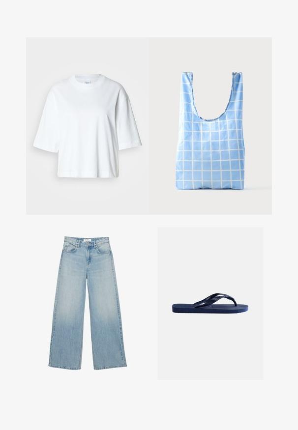 Witte cropped t-shirt met korte mouwen, ronde hals, gemaakt van zacht katoen, met een eenvoudig en strak ontwerp.; Lichtblauwe high-waisted wijde jeans met voorzakken, knoopsluiting en riemlussen op een witte achtergrond.; Marineblauwe rubberen teenslipper met een gestructureerde zool en Y-vormig bandje op een effen lichte achtergrond.; Blauwe herbruikbare boodschappentas met wit rasterpatroon, rechtopstaand op een effen lichte achtergrond.