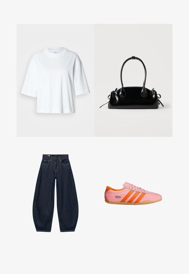 Hvid cropped t-shirt med korte ærmer, rund halsudskæring, lavet af blødt bomuldsmateriale, med et enkelt og rent design.; Mørkeblå vidde jeans med frontlommer, bæltestropper og knaplukning i taljen.; Lyserød sneakers med orange detaljer, der har tre striber, et tekstureret materiale, snørebånd foran og en gummisål. Branding på siden.; Lille sort blank håndtaske med to lange håndtag og snøre-detaljer i siden på en ensfarvet lys baggrund.