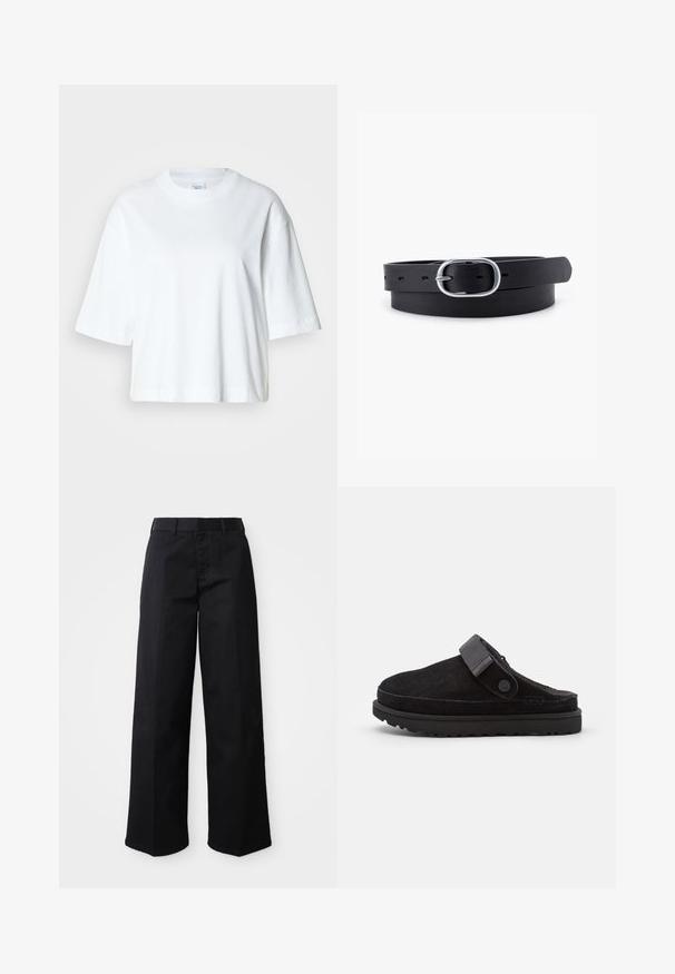 Hvid cropped t-shirt med korte ærmer, rund halsudskæring, lavet af blødt bomuldsmateriale, med et enkelt og rent design.; Sorte brede bukser lavet af blødt bomuldsstof. Har en klassisk talje, sidelommer og en lige skæring til kanten.; Sorte ruskindssandaler med rund tå, blød tekstur, justerbar rem og en tyk gummisål med mønstret slidbane for godt greb.; Sort læderbælte med en glat overflade, oval sølvmetalspænde og flere justeringshuller langs stroppen. Flad, minimalistisk design.
