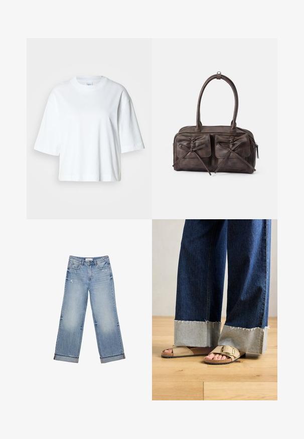 Witte cropped t-shirt met korte mouwen, ronde hals, gemaakt van zacht katoen, met een eenvoudig en strak ontwerp.; Lichtblauwe denim jeans met een wijd uitlopend ontwerp, voorzien van een rafelige zoom, lichte slijtage en klassieke vijf-pocket styling.; Voeten in beige Birkenstock-sandalen met gouden gespen, gecombineerd met donkerblauwe denimspijkerbroeken die bij de boorden opgerold zijn, staande op een houten vloer.; Bruine leren handtas met twee voorzakken met strikjes, ronde handvatten en een ritsafsluiting. Gladde textuur met een subtiele glans.