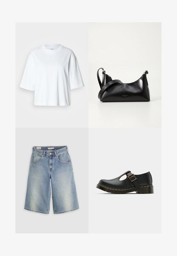 Witte cropped t-shirt met korte mouwen, ronde hals, gemaakt van zacht katoen, met een eenvoudig en strak ontwerp.; Lichtblauwe denim knielange shorts met voorste knoop, ritssluiting, riemlussen en zijzakken op een effen achtergrond.; Zwarte leren schoen met een ronde neus, enkelband en gesp, lage hak en gele stiksels langs de zool. Gladde textuur overal.; Zwarte leren handtas met een gladde textuur. Beschikt over een verstelbare schouderband en een strak, minimalistisch ontwerp met een ritssluiting.