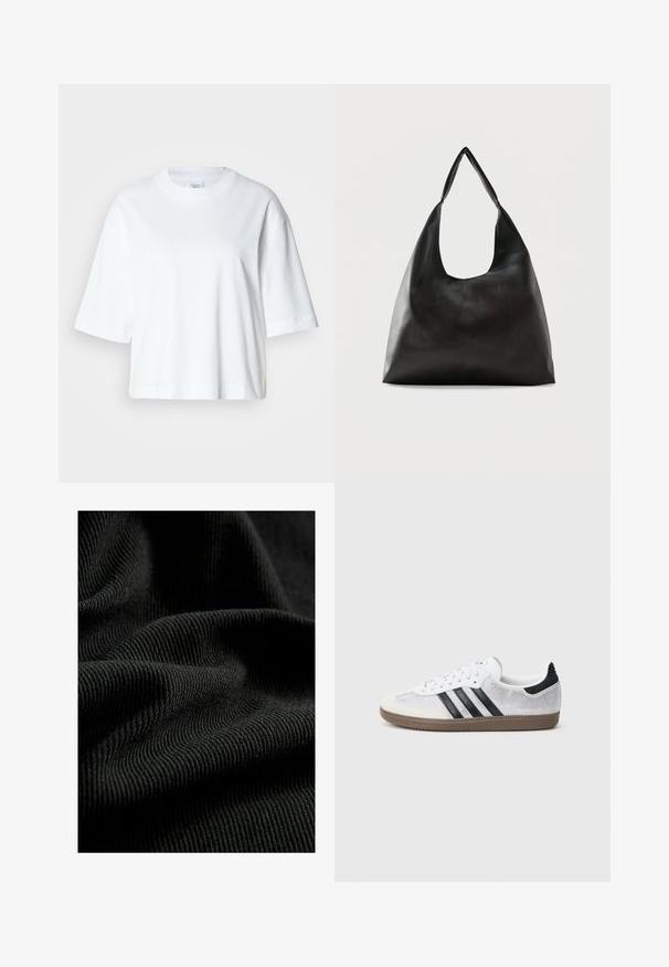 Hvid cropped t-shirt med korte ærmer, rund halsudskæring, lavet af blødt bomuldsmateriale, med et enkelt og rent design.; Sorte ribbet stof med en struktureret overflade, der fremhæver subtile folder og kurver. Materialet ser let og fleksibelt ud.; Hvid mesh-sneaker med sorte striber, beige ruskind på tåhætte og hæl, tekstureret gummisål og hvide snørebånd. Klassisk lavtopsdesign.; Sort skuldertaske i glat læder med en bred, enkelt strop og et afslappet, minimalistisk design mod en ensfarvet baggrund.