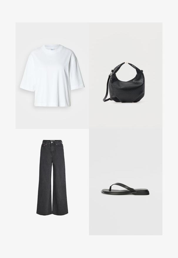 Hvid cropped t-shirt med korte ærmer, rund halsudskæring, lavet af blødt bomuldsmateriale, med et enkelt og rent design.; Sorte jeans med høj talje og vide ben, lukkes foran med knap og lynlås, forlommer og frynset kant.; Sorte flip-flops lavet af glat læder, med et tyndt remdesign og en flad sål med et minimalt profil. Ingen bemærkelsesværdige mønstre eller accenter.; Sort flettet læderhåndtaske med kort håndtag og aftagelig skulderrem, vist mod en ensfarvet lys baggrund.