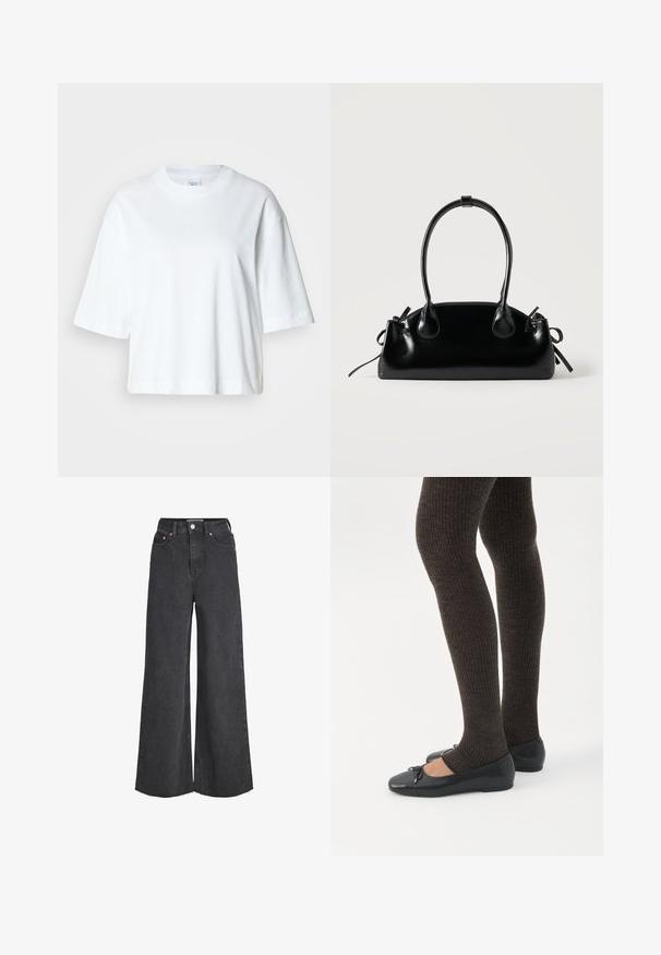 Witte cropped t-shirt met korte mouwen, ronde hals, gemaakt van zacht katoen, met een eenvoudig en strak ontwerp.; Zwarte high-waist jeans met wijde pijpen, sluiting aan de voorkant met knopen en rits, voorzakken en rafelige zoom.; Benen met donkere geribbelde leggings gecombineerd met zwarte ballerina's met kleine strikdetails op een witte achtergrond.; Kleine zwarte glanzende handtas met twee lange hengsels en zijkant trekkoord details op een effen lichte achtergrond.
