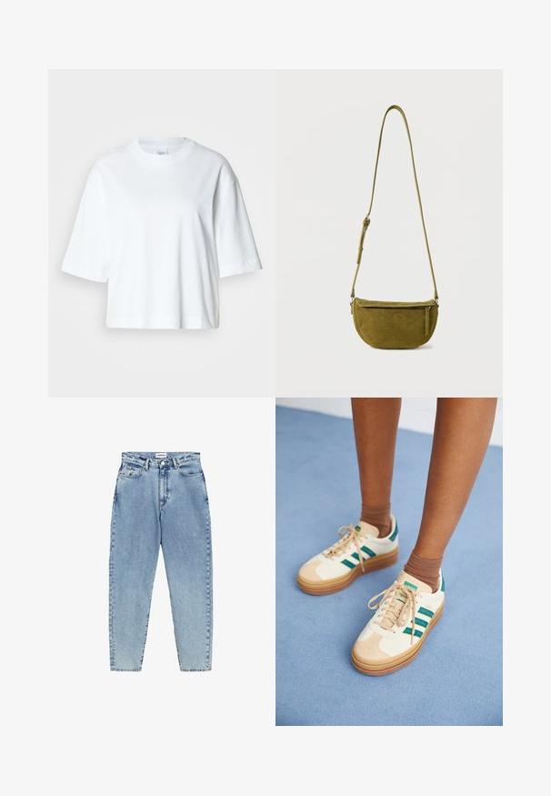 Witte cropped t-shirt met korte mouwen, ronde hals, gemaakt van zacht katoen, met een eenvoudig en strak ontwerp.; Lichtblauwe denim jeans met een hoge taille, een rechte pijpdesign en contrasterende stiksels. Bevat voor- en achterzakken en een knoopsluiting.; Beige sneakers met donkergroene strepen, rubberen zool, bovenwerk van suede en textiel, en neutrale hardware, gecombineerd met bruine sokken op een lichtblauwe ondergrond.; Olijfgroene suède schoudertas met verstelbare riem en ritssluiting aan de voorkant op een effen witte achtergrond.