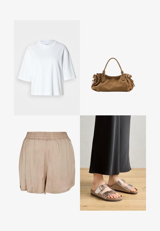 T-shirt blanc court à manches courtes, col rond, en coton doux, avec un design simple et épuré.; Shorts légers beiges en tissu avec une taille élastique et une coupe ample, présentant une texture lisse et un ourlet arrondi.; Des sandales en cuir marron à enfiler avec deux sangles ajustables et des boucles métalliques, sur une semelle en liège, associées à un pantalon noir à jambes larges.; Sac à main en daim marron doux avec une poignée supérieure unique et des détails latéraux froncés maintenus par des sangles en cuir et des anneaux métalliques.
