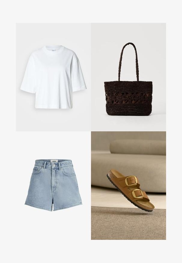 Hvid cropped t-shirt med korte ærmer, rund halsudskæring, lavet af blødt bomuldsmateriale, med et enkelt og rent design.; Denimshorts i lys blå, med høj talje, fem-lomme design og frontknaplukning. Glat tekstur med klassisk snit.; Brun sandal med to store guldspænder og korksål, der svæver over beige tæppe og sofa i baggrunden.; Mørkebrun flettet taske med blomsterprint og to lange fletdet håndtag på en ensfarvet lys baggrund.