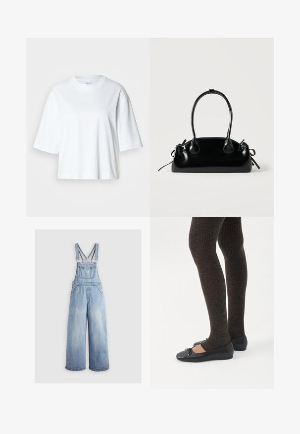 Hvid cropped t-shirt med korte ærmer, rund halsudskæring, lavet af blødt bomuldsmateriale, med et enkelt og rent design.; Lyseblå denim overalls med brede ben, justerbare skulderstropper, frontlomme og metalbuttons på siderne. Klassisk stil med en afslappet pasform.; Ben iført mørke ribbede leggings kombineret med sorte balletsko med små sløjfedetaljer på hvid baggrund.; Lille sort blank håndtaske med to lange håndtag og snøre-detaljer i siden på en ensfarvet lys baggrund.