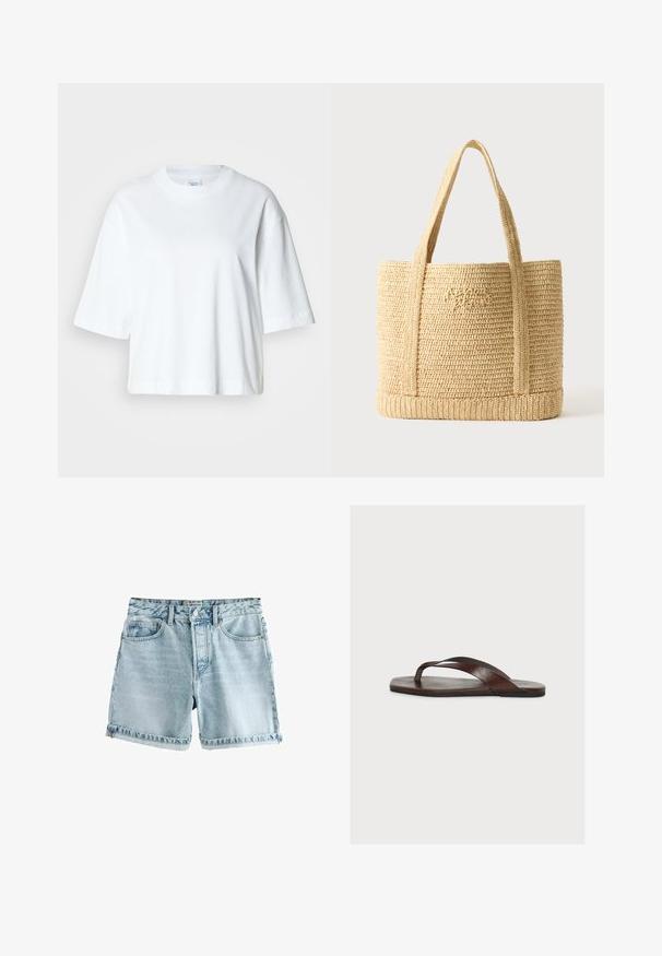 Hvid cropped t-shirt med korte ærmer, rund halsudskæring, lavet af blødt bomuldsmateriale, med et enkelt og rent design.; Lyseblå denim shorts med rå kant, fem lommer og knaplukning. Stoffet har en let slidt tekstur.; Brun læder-flipflop sandal med en enkel thong-rem og flad sål vist fra siden på en hvid baggrund.; Beige flettet stråtaske med to skulderstropper og subtil kursiv broderi foran, sat mod en ensfarvet baggrund.