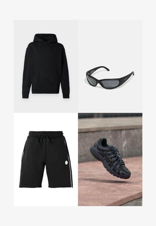 Sort hættetrøje lavet af blødt stof med en lomme foran, ribbede manchetter og et simpelt logo broderet på brystet.; Sorte knælange shorts med elastisk linning og snøre, hvide verticale sidestriber og lille rundt logo på venstre lår.; Mørkegrå Nike løbesko med mesh og syntetisk design, svævende over en lyserød betonoverflade med en grå stens baggrund.; Sorte solbriller med en buet ramme og mørke linser. Har en mat overflade og mærkenavnet "ARNETTE" på siden.