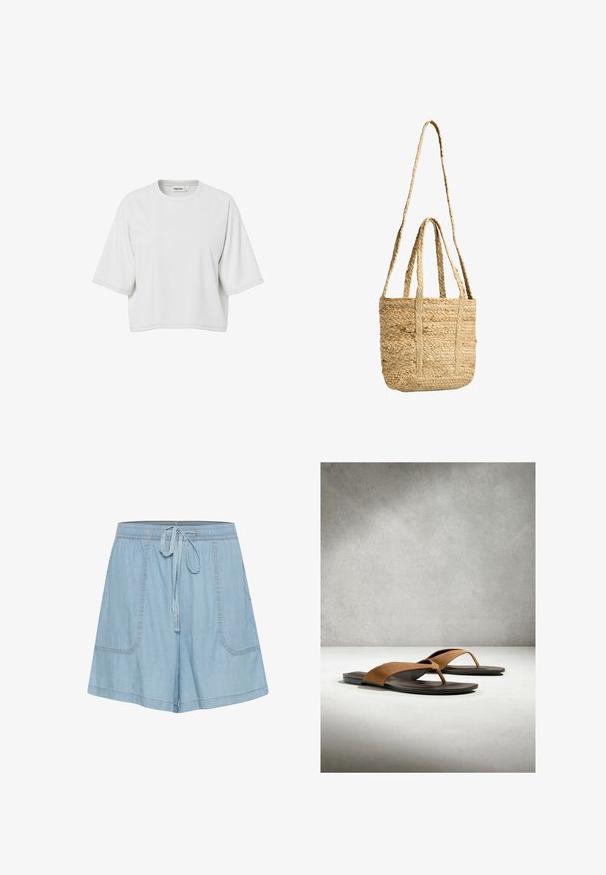 Valge suurte mõõtmetega lühikeste varrukatega lühendatud T-särk ümmarguse kaelusega ja brändi sildi nähtavusega krae sees.; Heled sinine denim lühikesed püksid elastse vöökoha, nööri detaili, kahe esiosa tasku ja tikanditega aktsentidega.; Pruunid seemisnahast varbasaapad mustade lamedate talladega, asetatud helehallile pinnale, mille taustaks on tekstuuriga hall taust.; Looduslikust kootud õlest käekott, millel on kaks lühikest käepidet ja üks pikk õlarihm, ristkülikukujuline, beež värv, tekstuuriga muster.