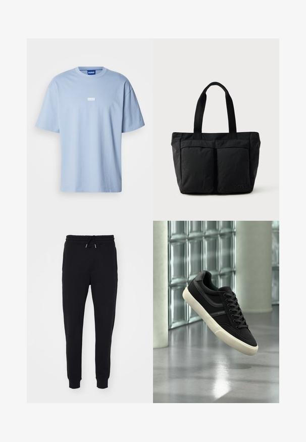 T-shirt bleu clair à manches courtes en coton, avec un col rond et un logo rectangulaire blanc au centre à l'avant.; Pantalons de survêtement noirs en tissu doux, dotés d'une taille élastique avec cordon de serrage, de poches latérales et de finitions ajustées aux chevilles.; Baskets basses noires avec semelle et lacets blancs, de la marque "BOSS", flottant à l'intérieur près de fenêtres en blocs de verre et de piliers en béton.; Sac fourre-tout noir en tissu doux, avec deux poches avant et des anses robustes. Logo affiché sur le côté. Design simple et fonctionnel.