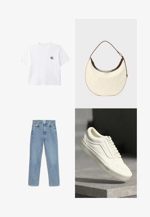 Weißes T-Shirt mit kurzen Ärmeln und rundem Ausschnitt mit kleinem schwarzem "ck Calvin Klein" Logo auf der linken Brust.; Hellblaue Jeans mit geradem Schnitt, fünf Taschen, vorderem Knopfverschluss und sanften Ausbleichungen am Oberschenkel. Klassische Denim-Struktur.; Weiße Sneaker mit strukturierter Oberfläche, gepolstertem Schaft, Schnürdesign und kleinen dekorativen Nieten entlang der Seite in der Nähe der Sohle.; Cremefarbene, halbmondförmige Schultertasche mit dunkelbraunen Verzierungen, einem einzelnen Träger und dem "LeGer"-Logo in der Mitte vorne.