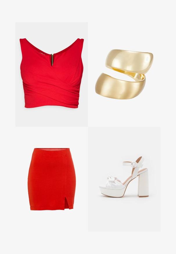 Rød crop top lavet af blødt stof med en dyb V-udskæring, forsynet med et skrå omslagdesign og en synlig guld lynlås foran.; Rød strikket nederdel med en tætsiddende pasform, der har en sideslids og en kant, der sidder lige over midt-lår. Glat tekstur, enkel konstruktion.; Hvide platform-sandaler med en klodset hæl, der har et satin-overdel med en knude-detalje og en spænde ved anklen.; Guldtonet ring med to sammenflettede bånd; toppen er poleret og reflekterende, mens bunden har en mat finish.