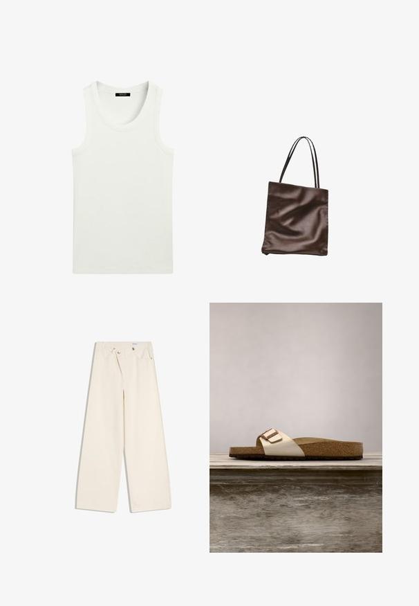 Hvid ærmeløs ribstrikket tanktop med rund halsudskæring og label indeni kraven.; Off-white bukser med vidde i benene, foranlommer, bærestropper og sølvknapper på linningen og lommekanter.; Sandal med slide-design, der har en let metallisk overdel, korkfodbed og tekstureret brun gummisål. Spænde detalje med logoaccent.; Brun læder-totebag med to tynde skulderstropper og let rynket tekstur på hvid baggrund.
