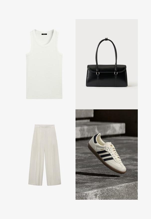 Hvid ærmeløs ribstrikket tanktop med rund halsudskæring og label indeni kraven.; Bredde bukser i lys beige med lodrette hvide striber. Har høj talje, plisseret front og glat tekstur.; Hvid Adidas Samba sneaker med sorte striber og gummsål, svævende over teksturerede grå betonstrin.; Sort rektangulær læderhåndtaske med klaplukning og to lange håndtag mod en ensfarvet hvid baggrund.